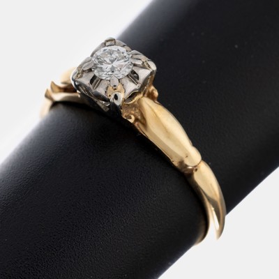 14 kt Gold Brillant-Ring, 1930er Jahre, GG/WG 585/000, Brillant ca. 0.15 ct Weiß/vs, RW 51, ca. 1.8 g