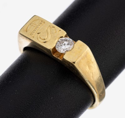 14 kt Gold Brillant-Ring, GG 585/000, Brillant ca. 0.16 ct Weiß/si-p 1, Bes.-Monogr.AS, RW 54, ca. 3.9 g