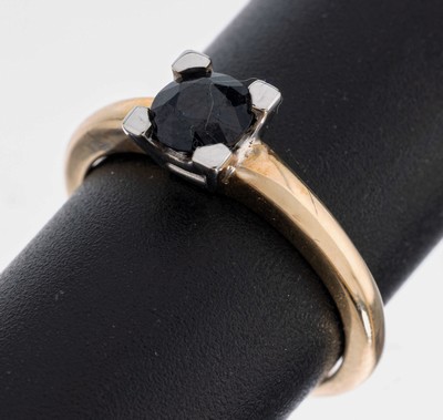 14 kt Gold Saphir-Ring, GG 585/000, rundfacett. Saphir in WG gefasst ca. 0.75 ct, RW 50, ca. 2.4 g