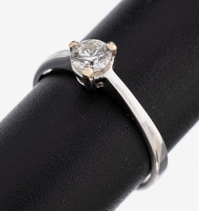 18 kt Gold Brillant-Ring, WG 750/000, Brillant ca. 0.38 ct Weiß/p, RW 53, ca. 2.3 g
