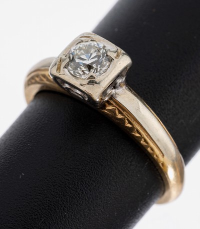 14 kt Gold Altschliff-Diamant, GG/WG 585/000, Altschliffdiamant ca. 0.35 ct Weiß/vvs, RW 50.5, ca. 3.2 g