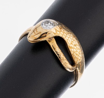 14 kt Gold Diamant-Schlangenring, 1930er Jahre, GG 585/000, Kopf mit 1 Altschliffdiamant ca. 0.12 ct feines Weiß/si, RW 58, ca. 3.8 g
