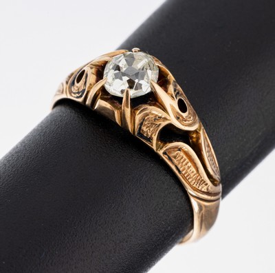 14 kt Gold Diamant-Ring, 1930er Jahre, GG/RoseG 585/000, Altschliffdiamant ca. 0.60 ct get.Weiß/p, Reste alter Emaillierung, RW 55, ca. 3.9 g