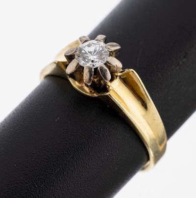 14 kt Gold Brillant-Ring, GG 585/000, Brillant ca. 0.25 ct feines Weiß/vs, RW 54, ca. 2.6 g