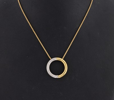 18 kt Gold Brillant-Anhänger, GG 750/000 und Platin, kreisförm. Anhänger mit Brillant ca. 0.10 ct Weiß/si, an Kette, L. ca. 42 cm, ...