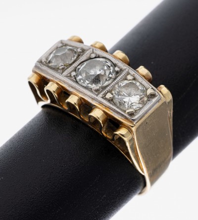 14 kt Gold Diamant-Ring, GG 585/000, 3 Altschliff-Diamanten zus. ca. 1.20 ct Weiß/si,ca. 6.1 g, RW 55
