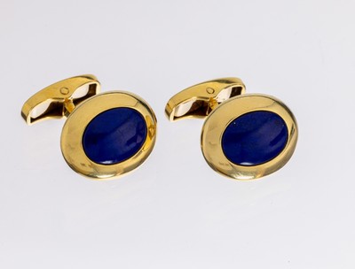 Paar 18 kt Gold Lapislazuli-Manschettenknöpfe, GG 750/000, Meistermarke DERIX, Wittlich, eingelassene Lapislazuliplatte, ca. 13.7 g