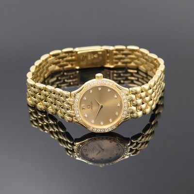 OMEGA De Ville Damenarmbanduhr in GG 750/000 mit Diamanten Referenz 7951520/8951520, Schweiz um 1990, quarz, orig. Goldband, Boden aufgedr., Lünette ...