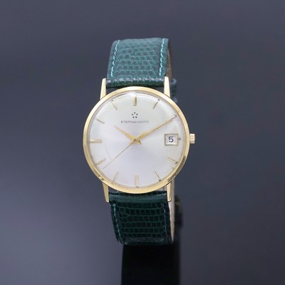 ETERNA-MATIC Armbanduhr in GG 750/000, Schweiz um 1965, Automatik, Boden u. Glasrand aufgedr., silb. Zifferbl. teils berieben/pat., gold. Std.-Ind. ...