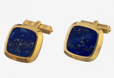 Paar 14 kt Gold Lapislazuli-Manschettenknöpfe, GG 585/000, Lapislazulieinlage mit Pyrit, ca. 14.6 g, Meistermarke unged.