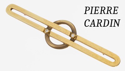 14 kt Gold PIERRE CARDIN Brillant-Brosche, GG 585/000, 2 Brillanten zus. ca. 0.06 ct Weiß/si, sign., L. ca. 9 cm, ca. 13.0 g