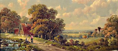 Franz Mark, Pseudonym des Hubert Kaplan, 1940 München-2024 Egling, traditionelle Landschaft, Blick auf bäuerliche Landschaft mit Heuernteszene, ...
