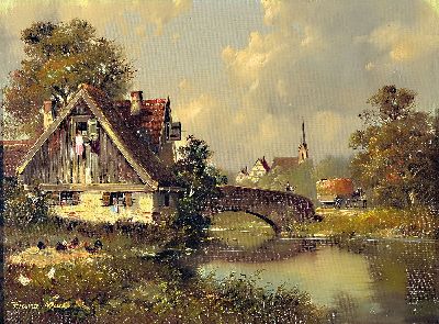 Franz Mark, Pseudonym des Hubert Kaplan, 1940 München-2024 Egling, bäuerliche Dorflandschaft Landschaft, Figurenstaffage mitGeflügel und Heimkehr ...