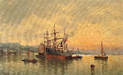 Jules Vernier, 1862-1937, französisch, Hafenszene bei Bordeaux, links unten signiert und bez. "Environs de Bordeaux", Öl/Lwd, punktuelle ...