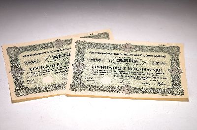 2 Inhaberaktien, Schnellpressenfarbrik Albert & Cie., Frankenthal, Pfalz, 19. Dez. 1933, Nennwert 100 RM, nicht entwertet, No. 05357 & 05354, Druck ...
