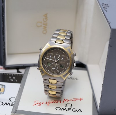OMEGA Armbandchronograph Seamaster Polaris 1/100 in Titan und Gold kombiniert Referenz 386.1231, Schweiz um 1989, quarz, mattiertes Geh. Gold ...