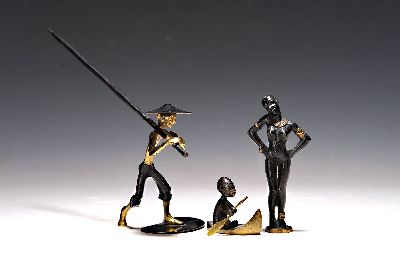 Drei Wiener Bronzen, 20. Jh., Junge im Boot, Hagenauer Wien, H. ca. 3.8 cm, Frauenakt, H. 10 cm, Mann mit Stab, H. 14 cm, diese im Stil von ...