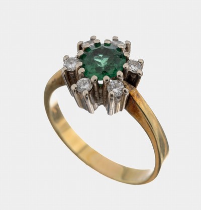 14 kt Gold Turmalin-Brillant-Ring, GG/WG 585/000, blütenf. Ringkopf, rundfacett. Turmalin ca. 1.0 ct, 6 Brillanten zus. ca. 0.24 ct Weiß/si-p, RW ...