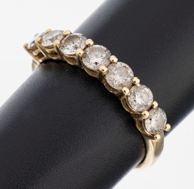14 kt Gold Brillant-Ring, GG 585/000, 7 Brillanten zus. ca. 1.05 ct Weiß- l.get.Weiß/p1, RW 56, ca. 2.2 g