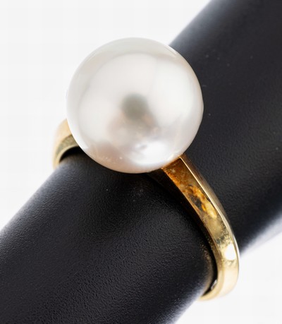 18 kt Gold Perl-Ring, GG 750/000, weiße Südseezuchtperle, D. ca. 10 mm, RW 52.5, ca. 4.7 g