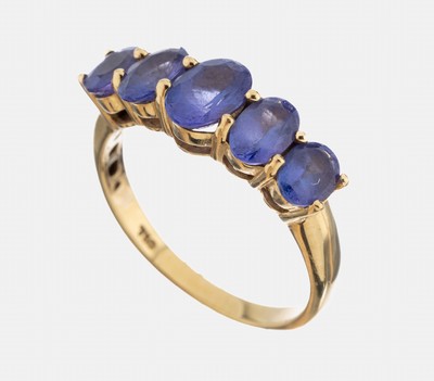 18 kt Gold Tansanit-Ring, GG 750/000, 5 ovalfacett. Tansanite zus. ca. 1.80 ct, RW 57,ca. 3.7 g