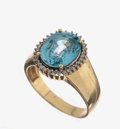 14 kt Gold Farbstein-Diamant-Ring, GG 585/000, ovalfacett. blauer Zirkon ca. 3.0 ct, 36 8/8-Diamanten zus. ca. 0.18 ct Weiß/p1, RW 56, ca. 5.7 g