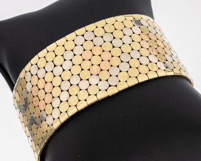 14 kt Gold Armband, GG/WG/RG 585/000, sogn.Teppicharmband, B. ca. 3.0 cm, L. ca. 19 cm, Kastenschloss mit 2 Sicherheitsachten, ca. 83.9 g