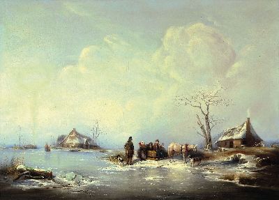 Wilhelm Alexander Meyerheim, 1815 Danzig-1882 Berlin, Winterlandschaft mit Bauernfamilie und Pferdeschlitten auf dem Eis, Öl/Lwd, rest., doubl., ...