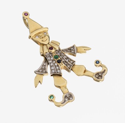 14 kt Gold Brillant-Farbstein-Anhänger "Hampelmann", GG 585/000, Arme, Beine und Kopf bewegl., Brillanten zus. ca. 0.30 ct Weiß/si, ca. ...