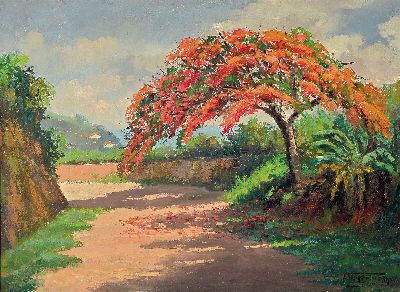 Virgilio Tenorio Filho, blühender Jacarandabaum am Weg, Öl/Lwd, rechts unten sign., ca. 60x80cm, R. ca. 76x96cm