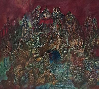 Hellmut Neukirch, geb. 1937 Berlin, vielfigurige surrealistische Komposition, Öl/Holz, rechts unten sign. und dat. 82, ca. 89x99cm, R. ca. 95x105cm