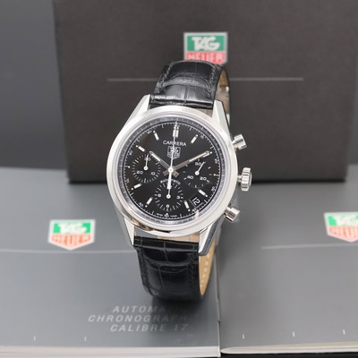 TAG HEUER Armbandchronograph Carrera Referenz CV2111, Automatik, Edelstahlgeh. inkl. orig. Lederband m. orig. Faltschl., Boden verschr., schwarzes ...
