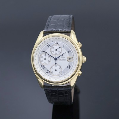 GIRARD PERREGAUX Armbandchronograph in GG 750/000 Referenz 4910, Automatik, Schweiz um 1990, 3-teil. Geh. inkl. orig. Lederband mit orig. GG 750/000 ...
