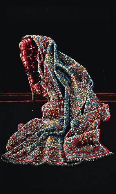 Parinaz Bajalanlou, geb. 1985, iranische Künstlerin, Teppich auf Stuhl drapiert, Öl/schwarzem Samt, monogrammiert, ca. 130. x 78 cm