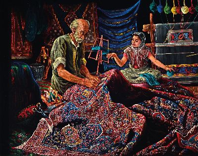 Parinaz Bajalanlou, geb. 1985, iranische Künstlerin, in der Teppichknüpferei Öl/schwarzem Samt, monogrammiert, ca. 79 x 98 cm