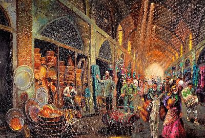 Ebrahim Bajalanlou, zeitgenössischer iranischer Künstler, persischer Basar, detailreiche Darstellung des lebhaften Treibens, Öl/Lwd., signiert, 75 ...