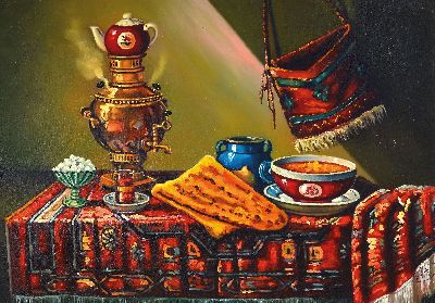 Ebrahim Bajalanlou, zeitgenössischer iranischer Künstler, orientalisches Stillleben mit Samovar, Gefäßen und Textilien, Öl/Lwd, signiert, ca. 68 ...