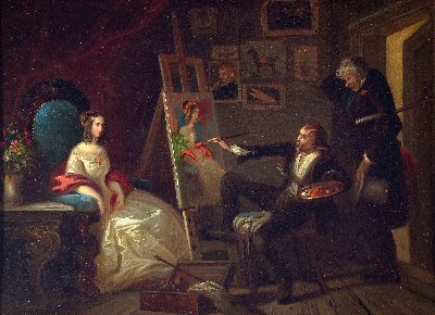 Zuschreibung: Georg Bergmann, 1819 Celle-1870 Hildesheim, Maler mit seinem Modell im Atelier, im Hintergrund erschrocken beäugt vom Auftraggeber, ...