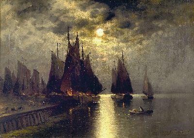 J. Sandler, Maler des 19. Jh., Vollmond über einem Hafen mit Segelschiffen, Öl/Lwd, rest., doubl., rechts unten sign., ca. 47x64 cm, R. ca. 56x74cm