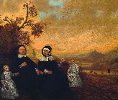 Unbekannter, wohl schottischer, Maler, 19. Jh., Porträt einer Familie mit zwei Töchtern in weiter Landschaft mit Ruine und Vieh, Öl/Holz, alter ...