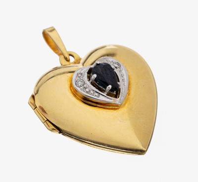 14 kt Gold Saphir-Brillant-Medaillonanhänger, GG 585/000, Herzform, facett. Saphir- Tropfen ca. 0.25 ct, 2 Brillanten zus. ca. 0.01 ct Weiß/si, L. ...