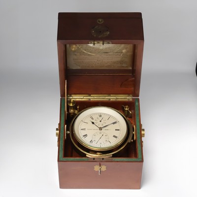 E. DENT & Co / Rudolf Bayer, Bonn Marinechronometer mit Transportbox, England/Deutschland um 1900, 3-tlg. Mahagoni-Box im typischen Dent-Design, ...