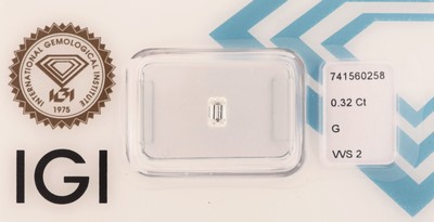 Loser Diamant, 0.32 ct feines Weiß(G)/vvs2, Emerald Cut, eingeschweißt, mit IGI-Expertise