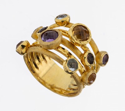 14 kt Gold Farbstein-Ring, GG 585/000, außergewöhnliche Gestaltung, Oberfläche strukt., 10 rundfacett. Farbsteine zus. ca. 4.00 ct, u.a. ...