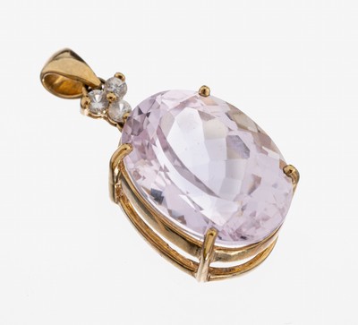 9 kt Gold Kunzit-Saphir-Anhänger, GG 375/000, schlicht, ovalfacett. Kunzit ca. 9.80ct, wohl 3 weiße Saphire zus. ca. 0.15 ct, ca.8.6 g