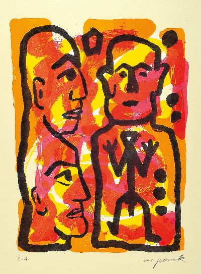 A.R. Penck, 1939-2017, Ohne Titel, Farbserigraphie, handsigniert, bez.: e.a., ca. 75x41cm, PP, u.Gl., R. ca. 103x73cm