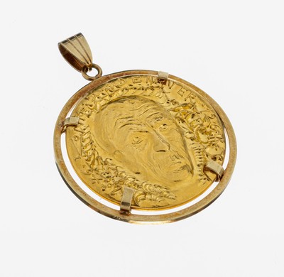 14 kt Gold Medaillen-Anhänger, GG 585/000, lose gefasste Medaille, GG 900/000, Entwurf Salvador Dali, Darstellung Portrait Konrad Adenauer, RS: ...