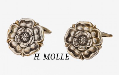Paar Manschettenknöpfe, Dänemark, 1950er Jahre, 830er Silber, Darstellung der Tudor Rose, Hersteller H.MOLLE