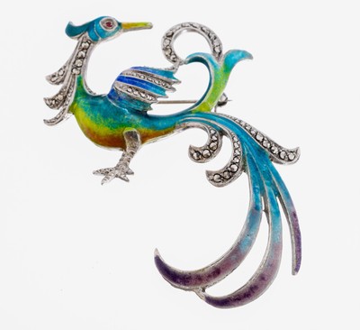 Markasit-Brosche, 935er Silber, Darstellungeines Paradiesvogels, part. Markasit-Besatz, polychromer Hartlack, ca. 6 x 6.7 cm