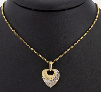 14 kt Gold Diamant-Anhänger, GG 585/000, Herz, part. rhod., 4 kl. 8/8-Diamanten, Clipöse, an Kette, GG 333/000, L. ca. 48 cm, ca. 6.1 g